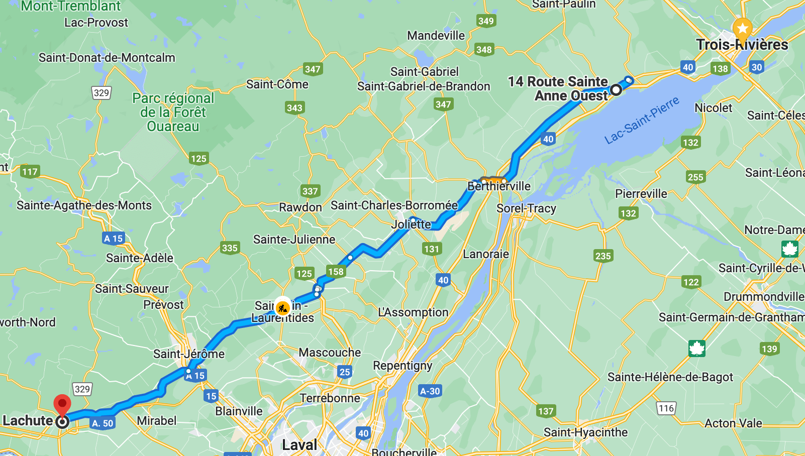 Trajet entre Yamachiche et Lachute