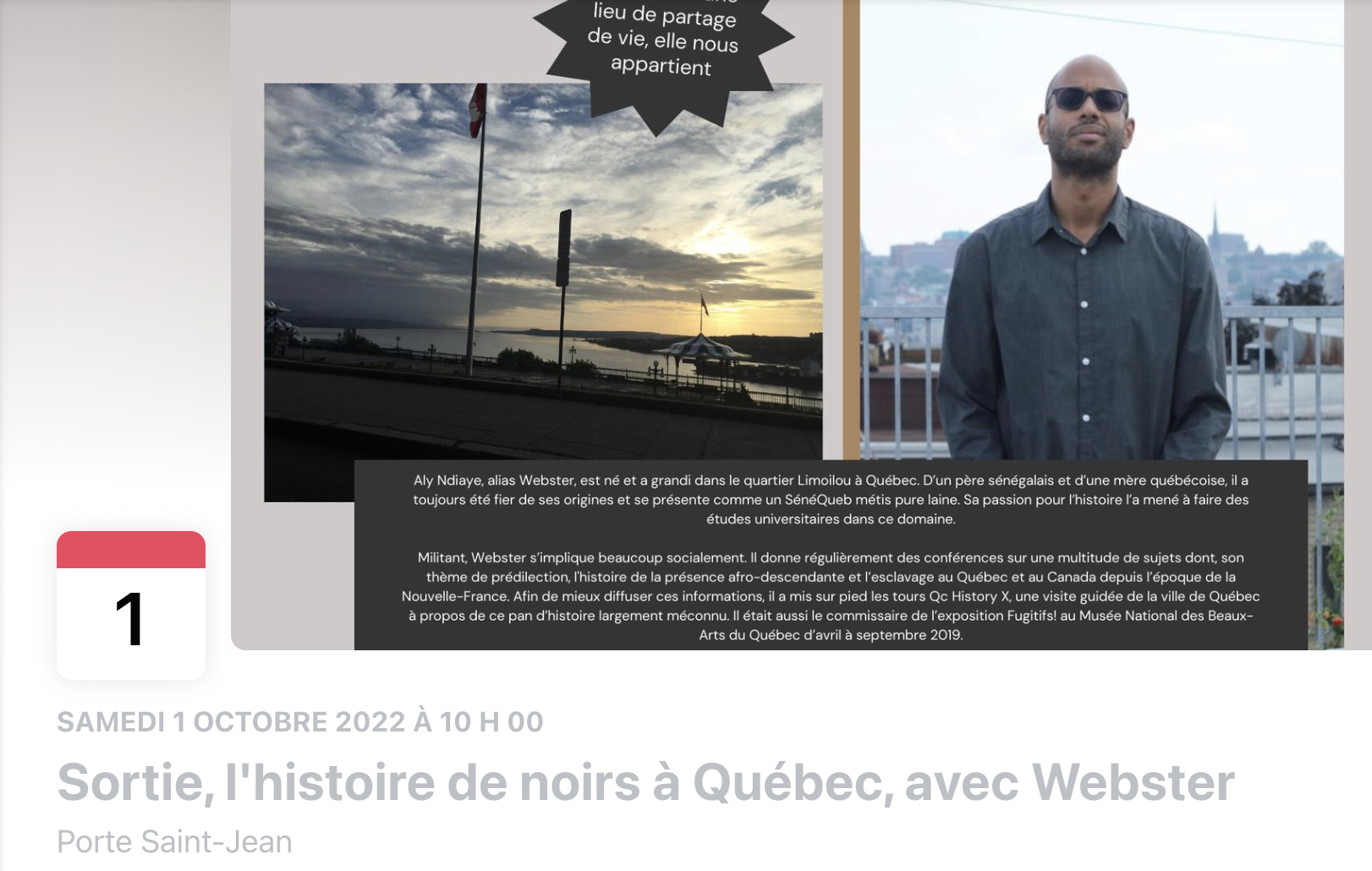 Événement FaceBook Sortie, l'histoire de noirs à Québec, avec Webster